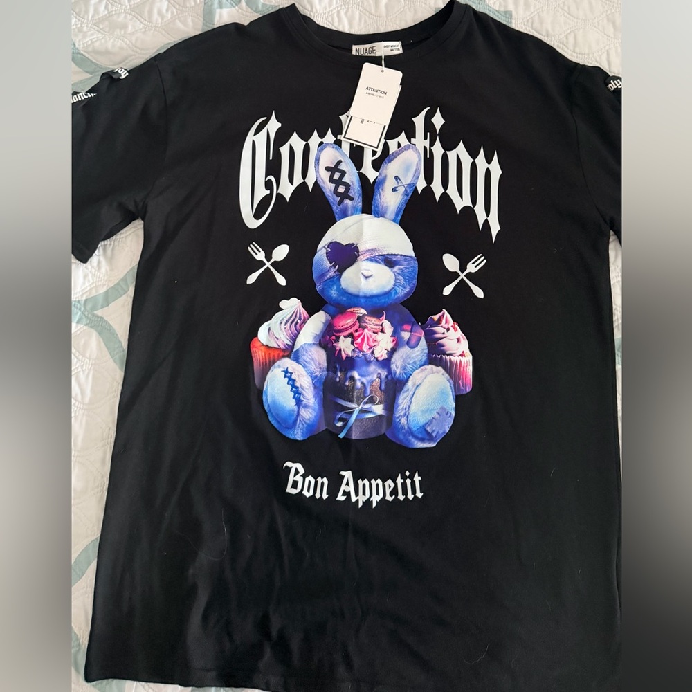 Nina Black Tee with Blue Bunny Graphic